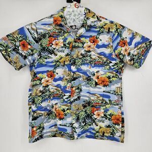 RJC Hawaiian Shirt Mens Medium Blue Floral Tropical Aloha Button Up Made‎ in USA